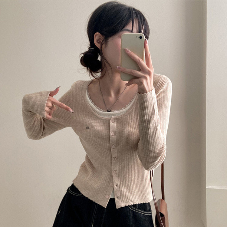 브아 배색 레이스 레이어드 팬던트 골지 니트 가디건 베이지