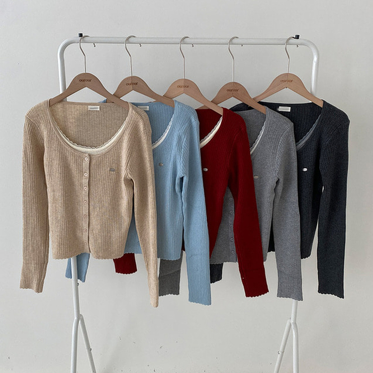 브아 배색 레이스 레이어드 팬던트 골지 니트 가디건