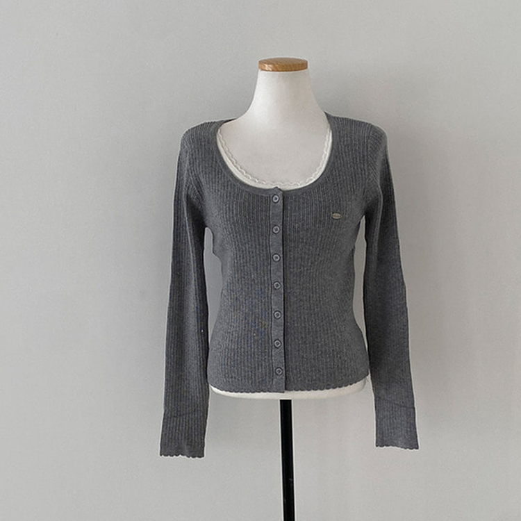 브아 배색 레이스 레이어드 팬던트 골지 니트 가디건