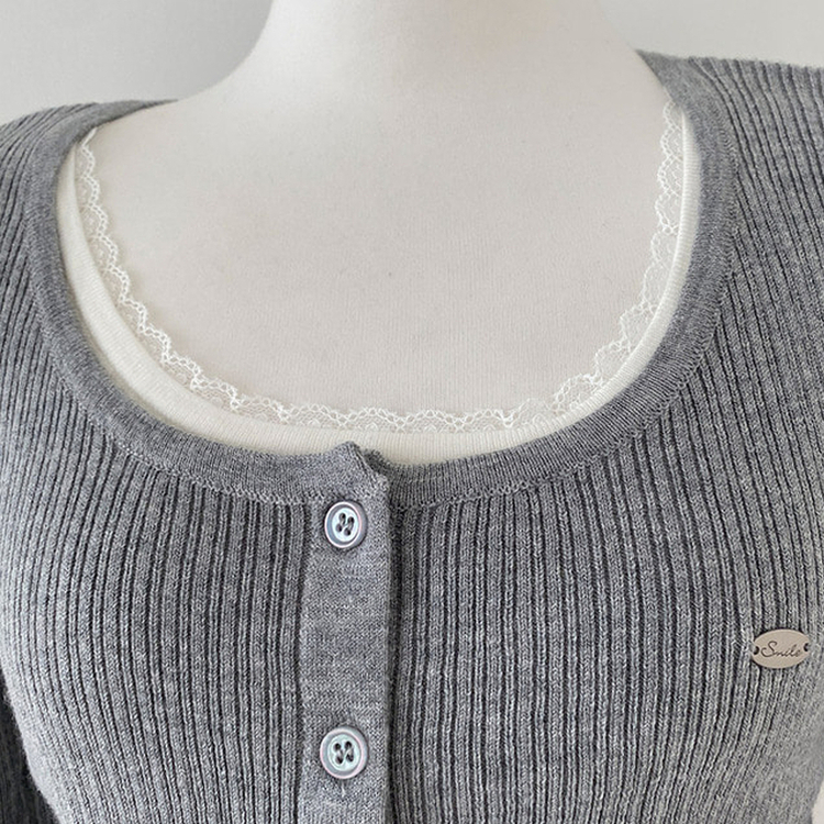 브아 배색 레이스 레이어드 팬던트 골지 니트 가디건