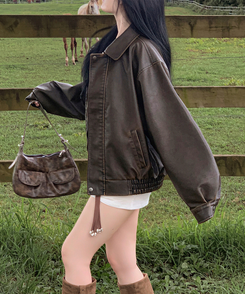 ファスナーボタンレザージャケット BROWN