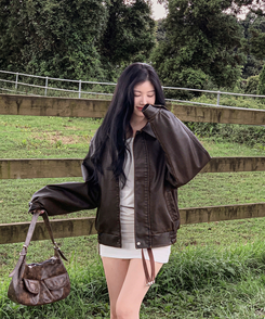 ファスナーボタンレザージャケット BROWN