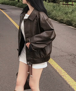 ファスナーボタンレザージャケット BROWN