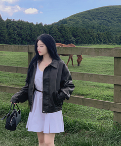 ファスナーボタンレザージャケット BLACK