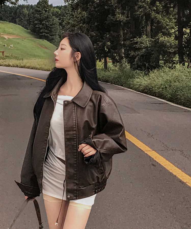 ファスナーボタンレザージャケット BROWN