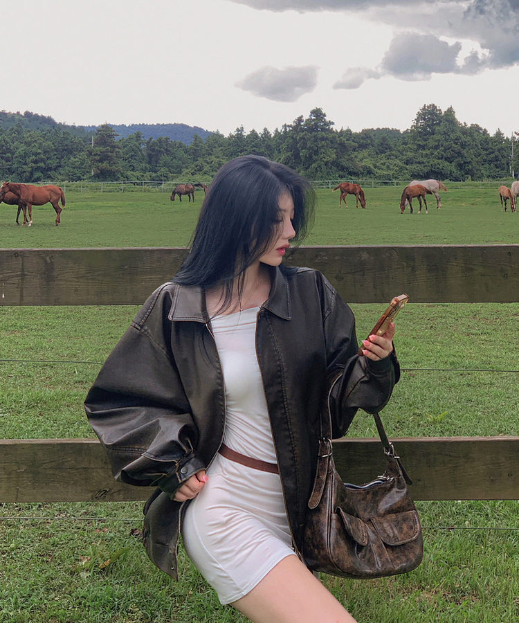 ファスナーボタンレザージャケット BROWN