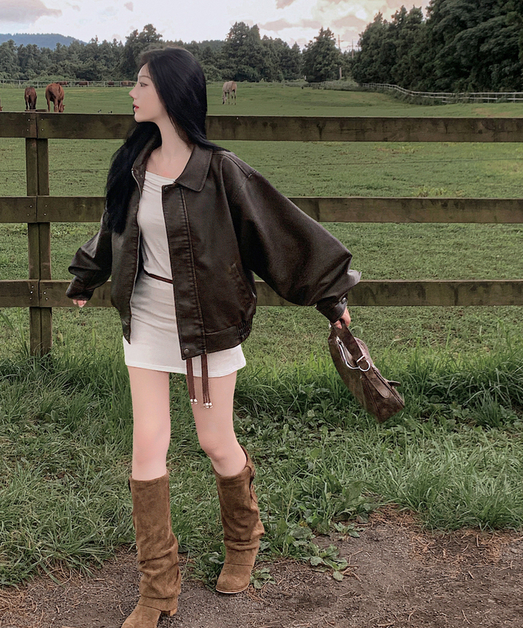 ファスナーボタンレザージャケット BROWN