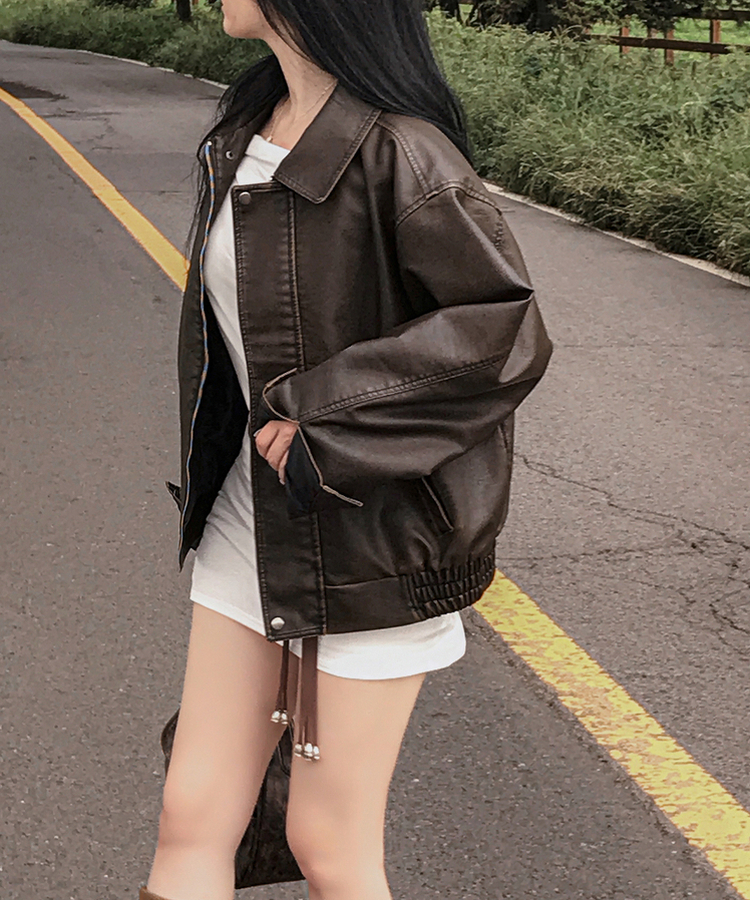 ファスナーボタンレザージャケット BROWN