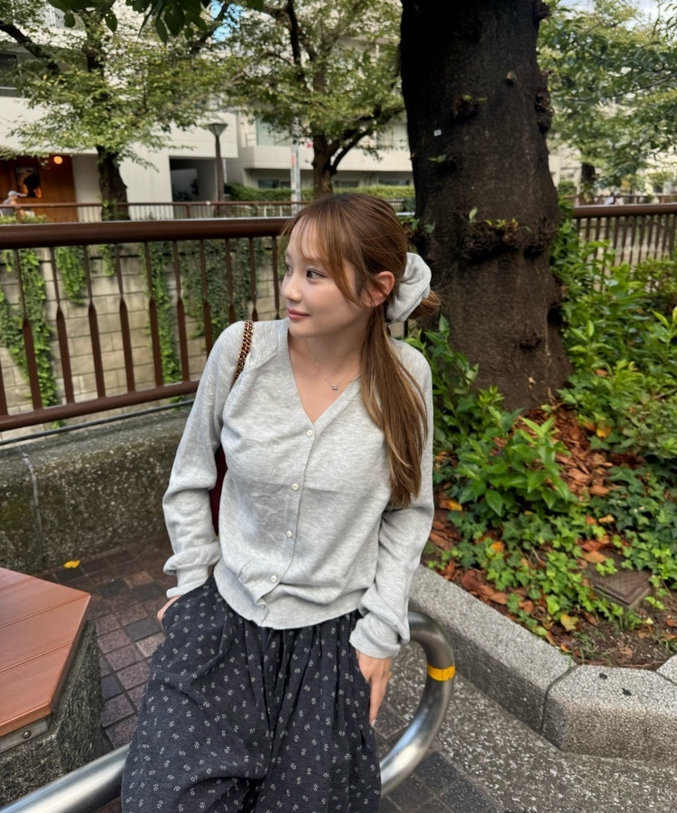 나그랑 브이넥 니트 가디건 곱창밴드SET 그레이