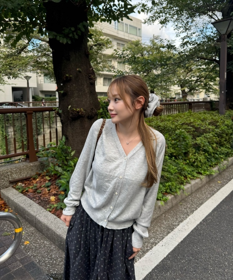 나그랑 브이넥 니트 가디건 곱창밴드SET 그레이