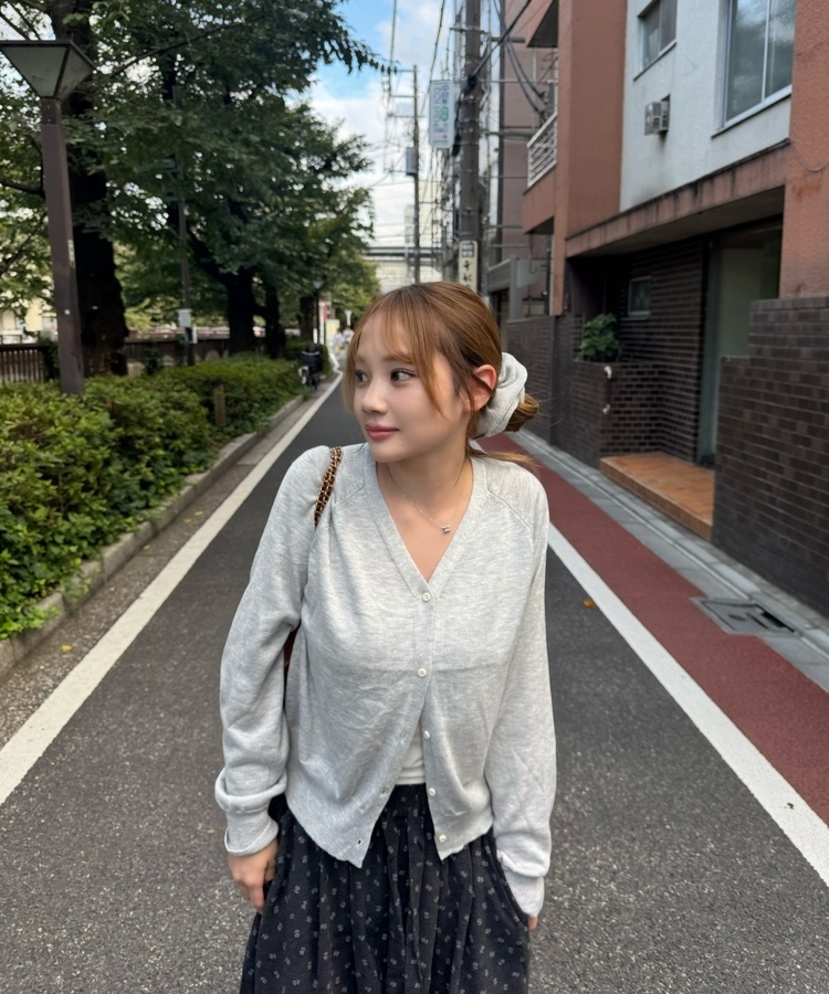 나그랑 브이넥 니트 가디건 곱창밴드SET 그레이