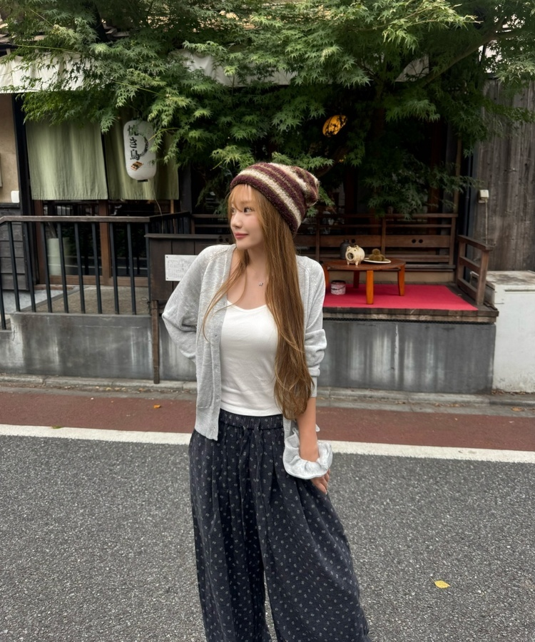 나그랑 브이넥 니트 가디건 곱창밴드SET 그레이