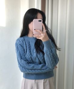 ケーブルクロップパフニット(5color) SKY BLUE