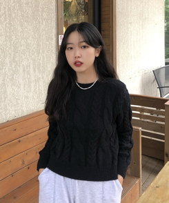 ケーブルクロップパフニット(5color) BLACK