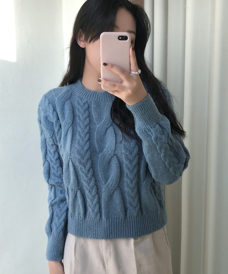 ケーブルクロップパフニット(5color) SKY BLUE