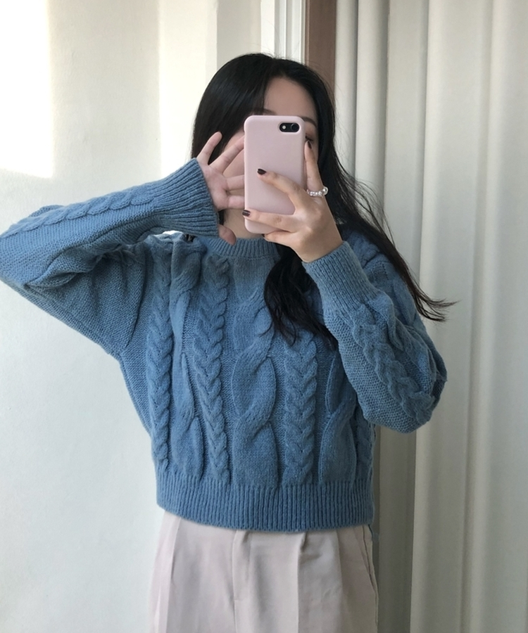 ケーブルクロップパフニット(5color) SKY BLUE