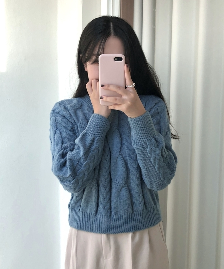 ケーブルクロップパフニット(5color) SKY BLUE