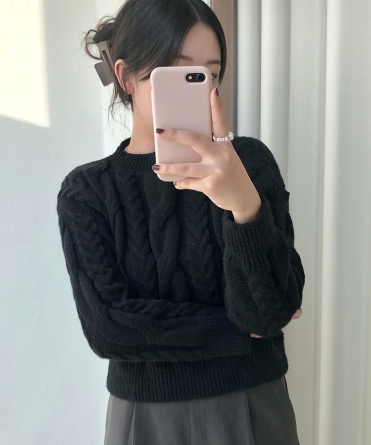 ケーブルクロップパフニット(5color) BLACK