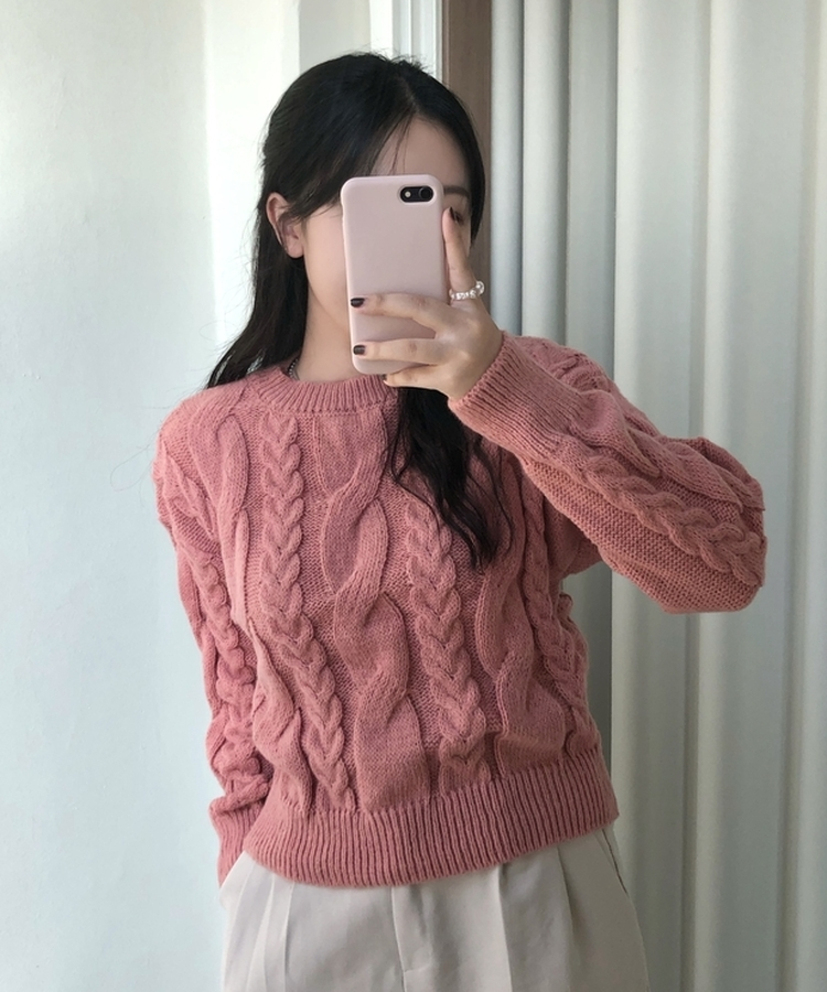 ケーブルクロップパフニット(5color) PINK