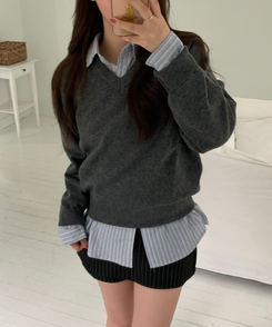 [国内製作] リブ ブイネック ニット マンツーマンTシャツ CHARCOAL