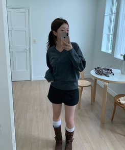 [国内製作] リブ ブイネック ニット マンツーマンTシャツ CHARCOAL