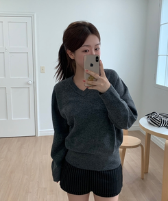 [国内製作] リブ ブイネック ニット マンツーマンTシャツ CHARCOAL