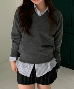 [国内製作] リブ ブイネック ニット マンツーマンTシャツ CHARCOAL