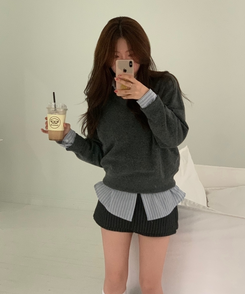 [国内製作] リブ ブイネック ニット マンツーマンTシャツ CHARCOAL