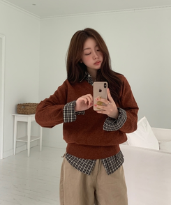 [国内製作] リブ ブイネック ニット マンツーマンTシャツ BRICK