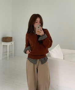 [国内製作] リブ ブイネック ニット マンツーマンTシャツ BRICK