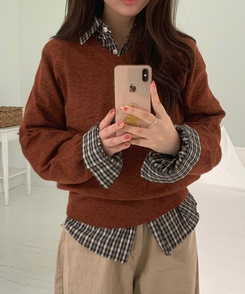 [国内製作] リブ ブイネック ニット マンツーマンTシャツ BRICK