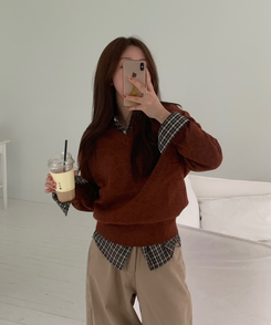 [国内製作] リブ ブイネック ニット マンツーマンTシャツ BRICK