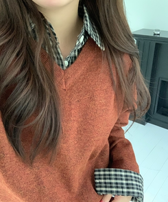 [国内製作] リブ ブイネック ニット マンツーマンTシャツ