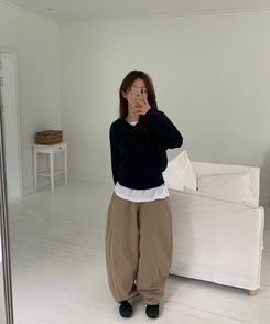 [国内製作] リブ ブイネック ニット マンツーマンTシャツ NAVY