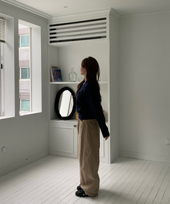 [国内製作] リブ ブイネック ニット マンツーマンTシャツ NAVY