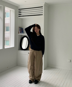 [国内製作] リブ ブイネック ニット マンツーマンTシャツ NAVY