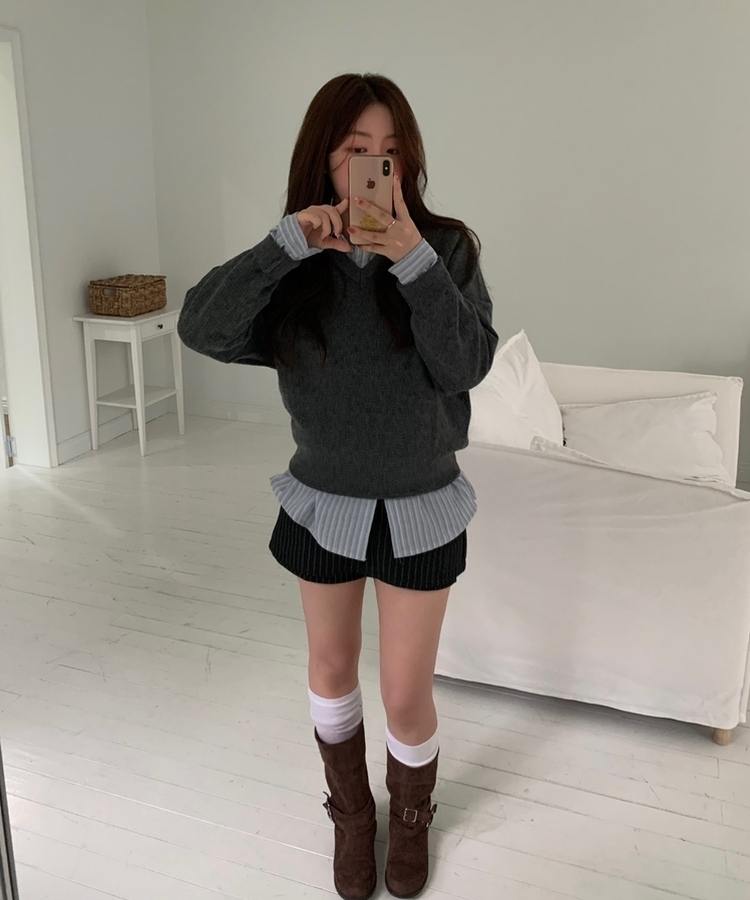 [国内製作] リブ ブイネック ニット マンツーマンTシャツ CHARCOAL