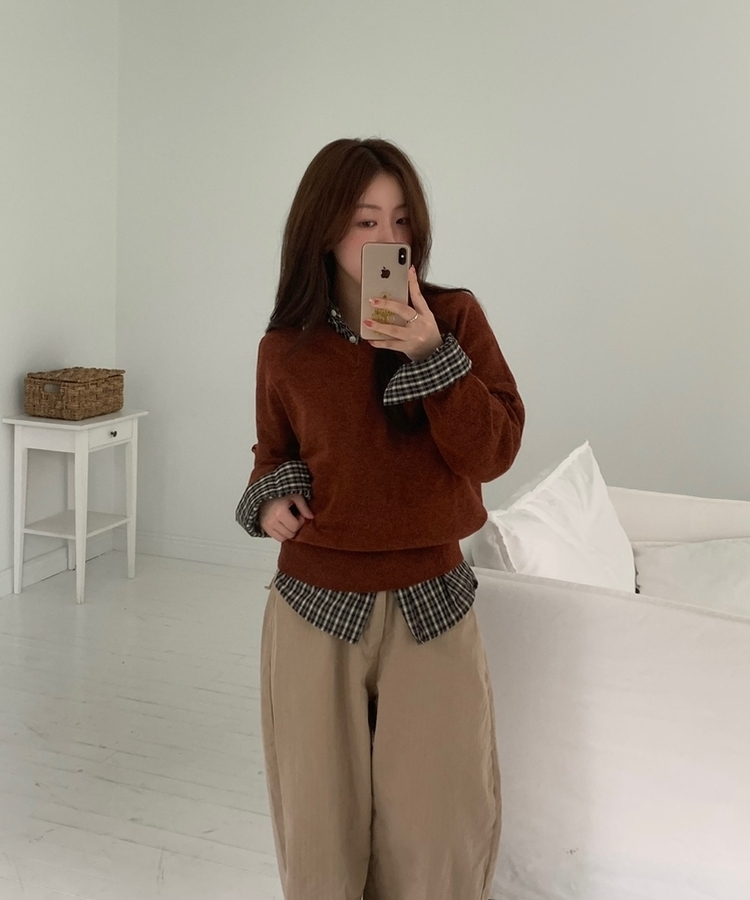 [国内製作] リブ ブイネック ニット マンツーマンTシャツ BRICK