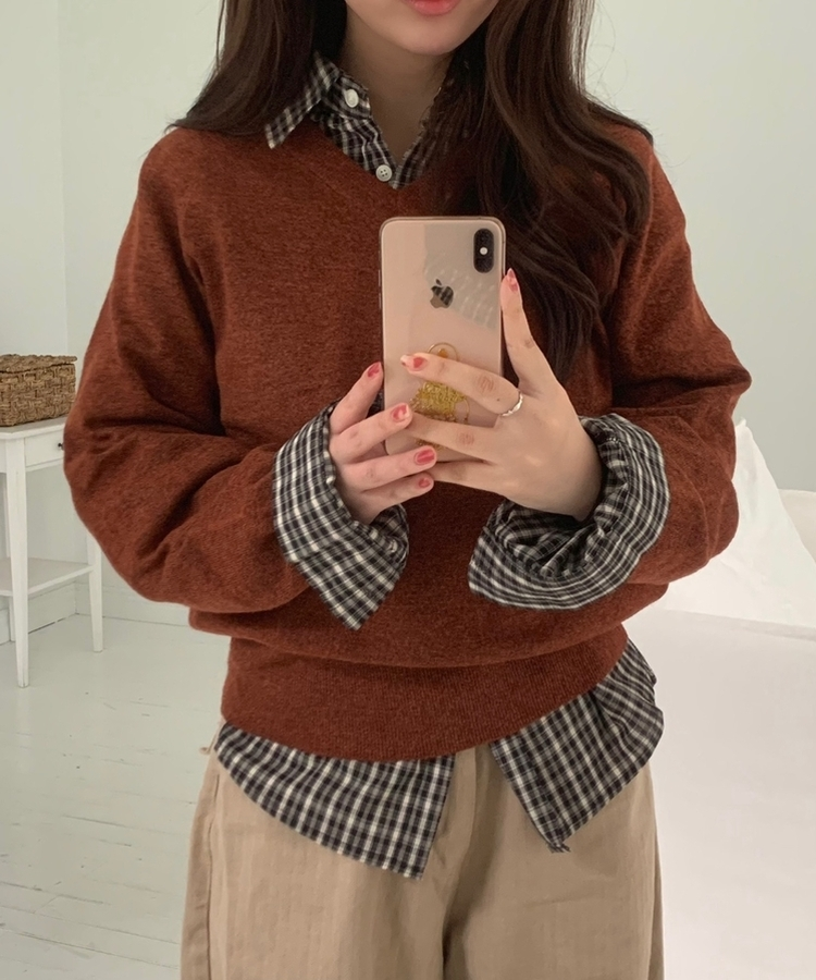 [国内製作] リブ ブイネック ニット マンツーマンTシャツ BRICK