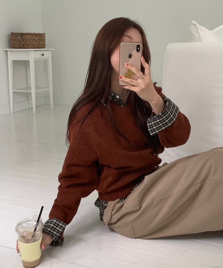 [国内製作] リブ ブイネック ニット マンツーマンTシャツ BRICK