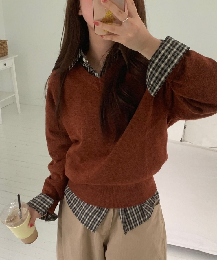 [国内製作] リブ ブイネック ニット マンツーマンTシャツ BRICK