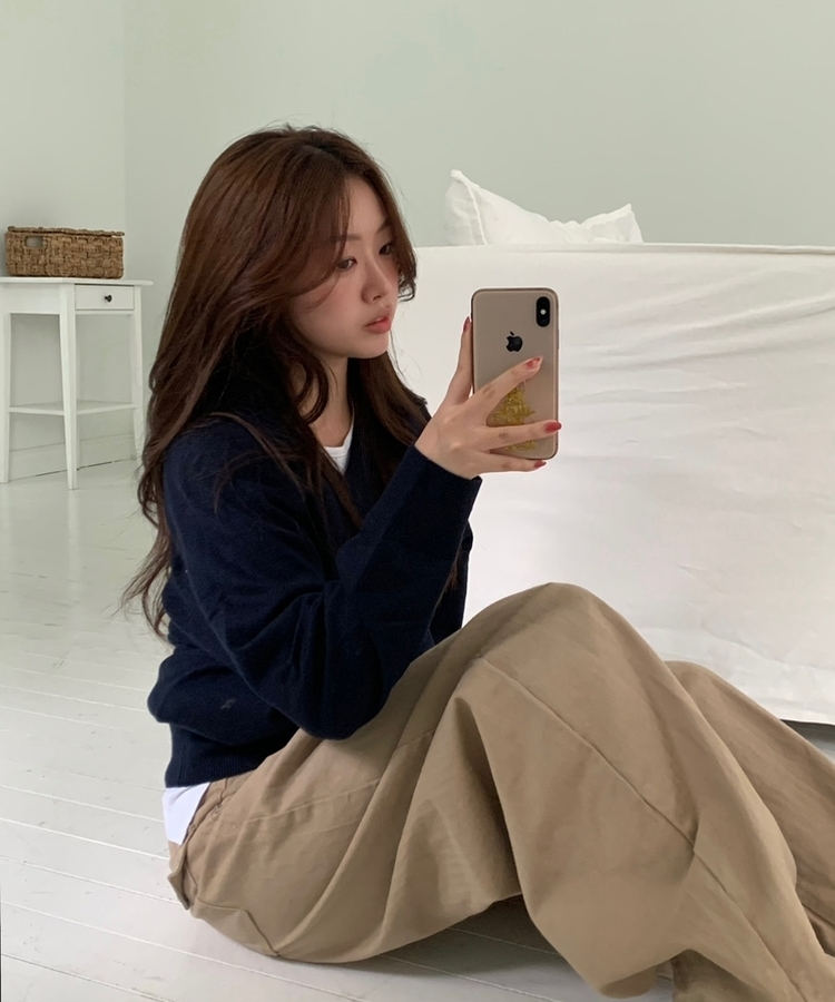 [国内製作] リブ ブイネック ニット マンツーマンTシャツ NAVY