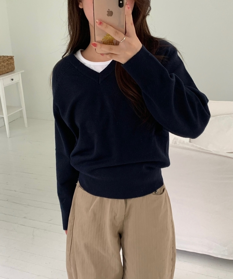 [国内製作] リブ ブイネック ニット マンツーマンTシャツ NAVY