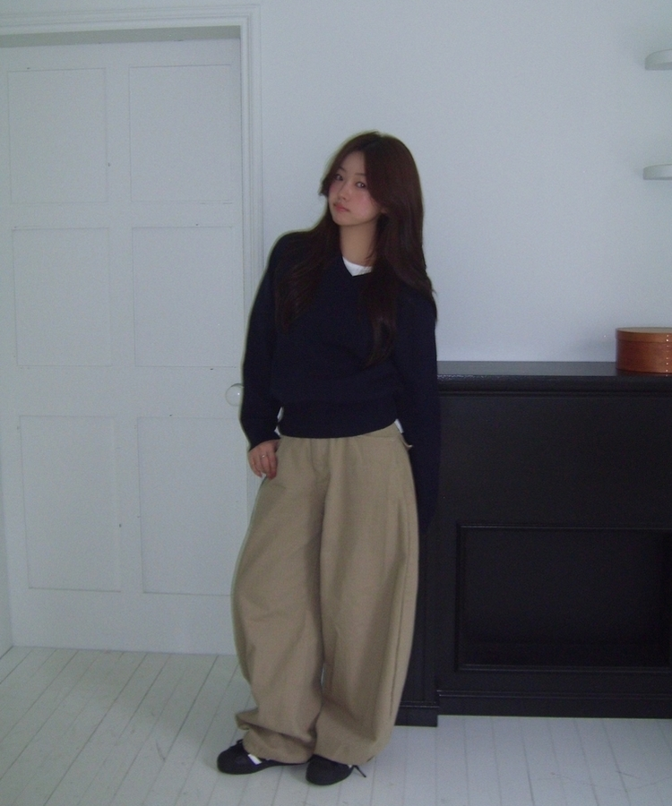 [国内製作] リブ ブイネック ニット マンツーマンTシャツ NAVY