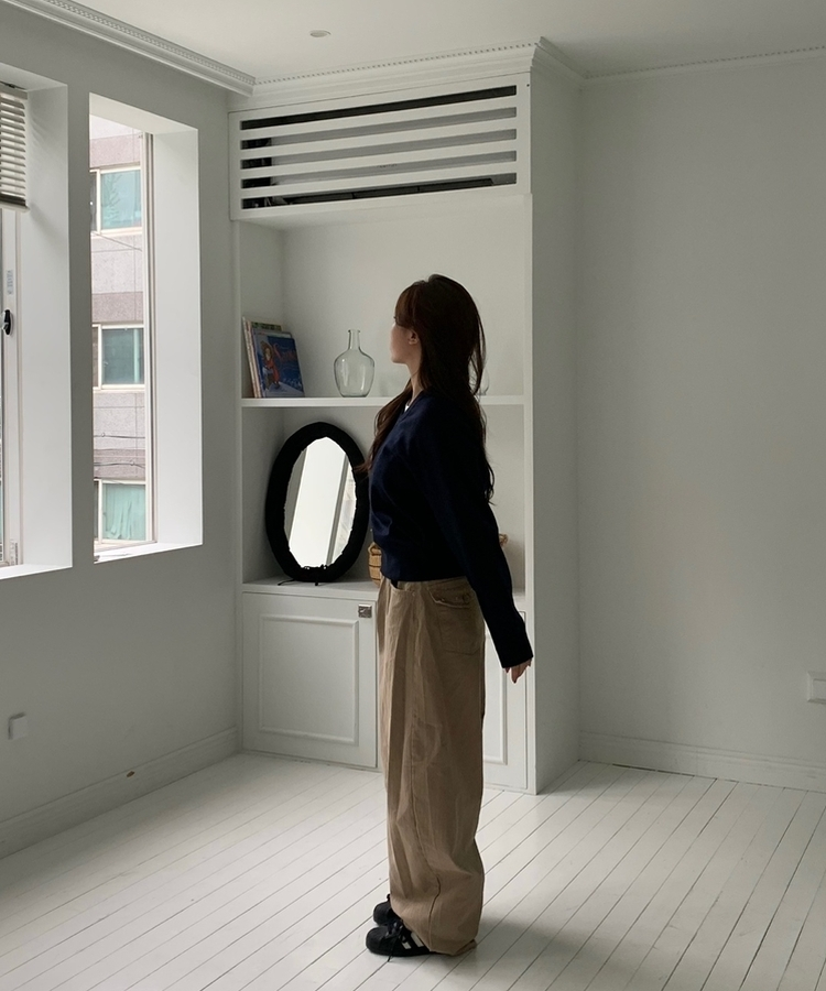 [国内製作] リブ ブイネック ニット マンツーマンTシャツ NAVY