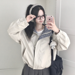 가을무드 체크 배색 루즈핏 스트링 후드 바람막이 집업 점퍼 베이지
