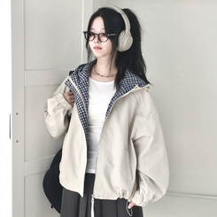가을무드 체크 배색 루즈핏 스트링 후드 바람막이 집업 점퍼 베이지
