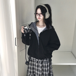 가을무드 체크 배색 루즈핏 스트링 후드 바람막이 집업 점퍼 블랙