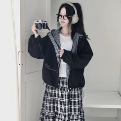가을무드 체크 배색 루즈핏 스트링 후드 바람막이 집업 점퍼 블랙