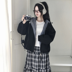 가을무드 체크 배색 루즈핏 스트링 후드 바람막이 집업 점퍼 블랙